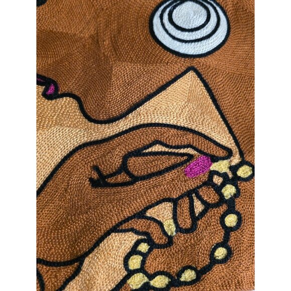 Handmade Embroidered Pillow Cover – African Woman in Colorful Headwrap, Boho Afr - Picture 4 of 7